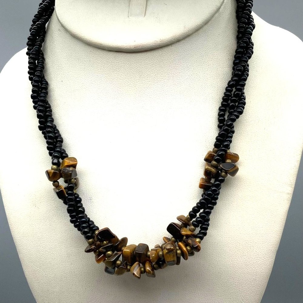 Vintage Torsade Necklace, Elegant Choker Twist of Black Seed Beads and Tigers
